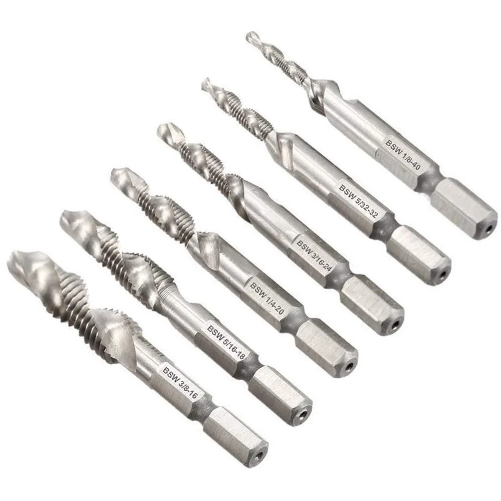 Six uncoated steel drill-tap bits with 1/4-inch hex shanks