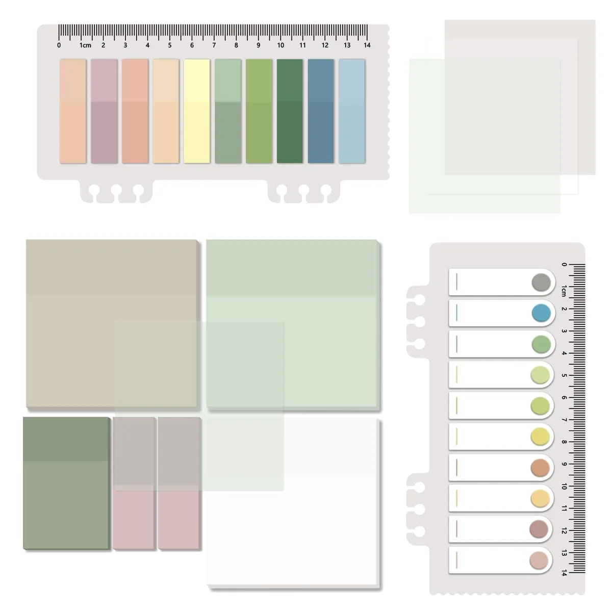 A mixed pack of 700 transparent sticky notes in square and tab shapes, pastel Morandi colours, on a white background