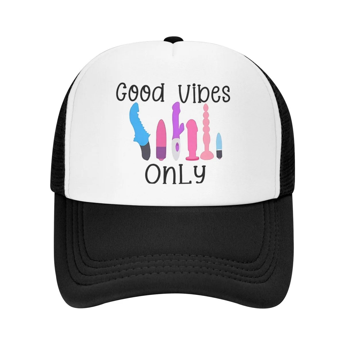 Black trucker hat with mesh back and adjustable strap