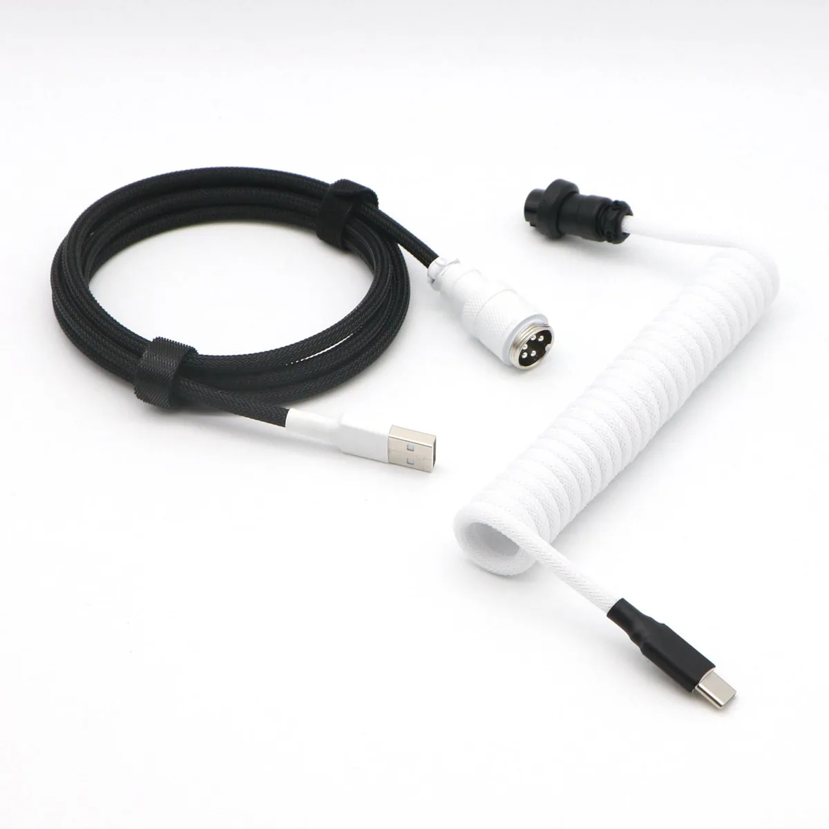 Coiled USB-C to USB-A cable, half white half black, metal aviator connector, 1.5m