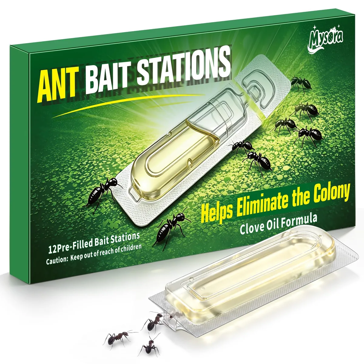 Twelve small rectangular white plastic ant bait stations in a flat pack