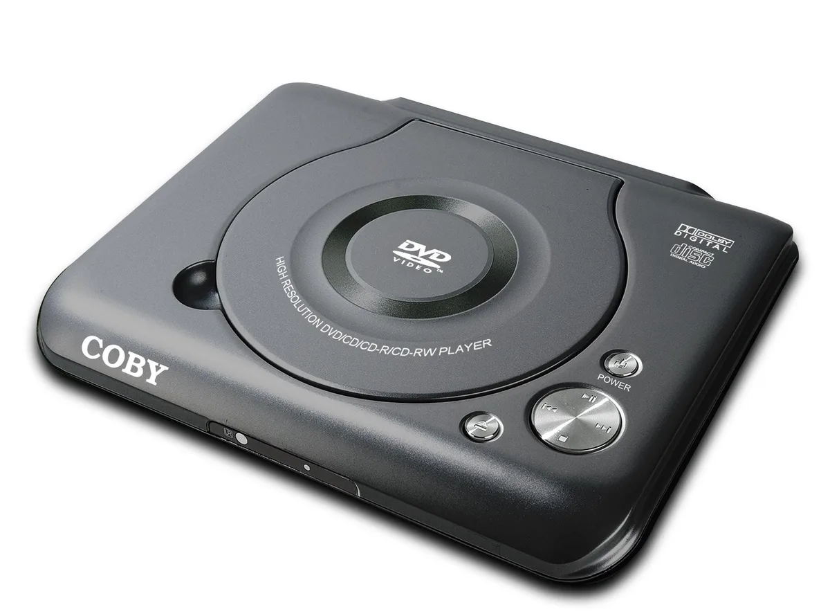 Black ultra-compact portable DVD player, slim rectangular shape with matte finish
