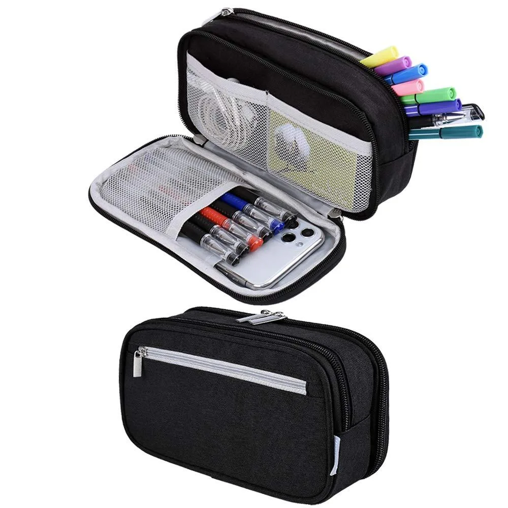 Black polyester pouch with three zip compartments and mesh pockets, 8.3 by 4.1 by 2.4 inches