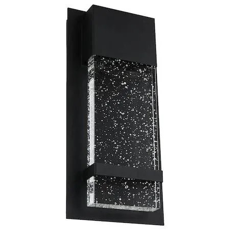 Sunlite LED wall sconce with rain glass panel, matte black finish, 13.75 inches tall by 6.5 inches wide