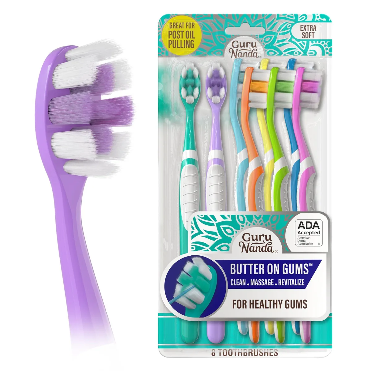 Eight multicolour manual toothbrushes with ultra-soft bristles and rubberised handles