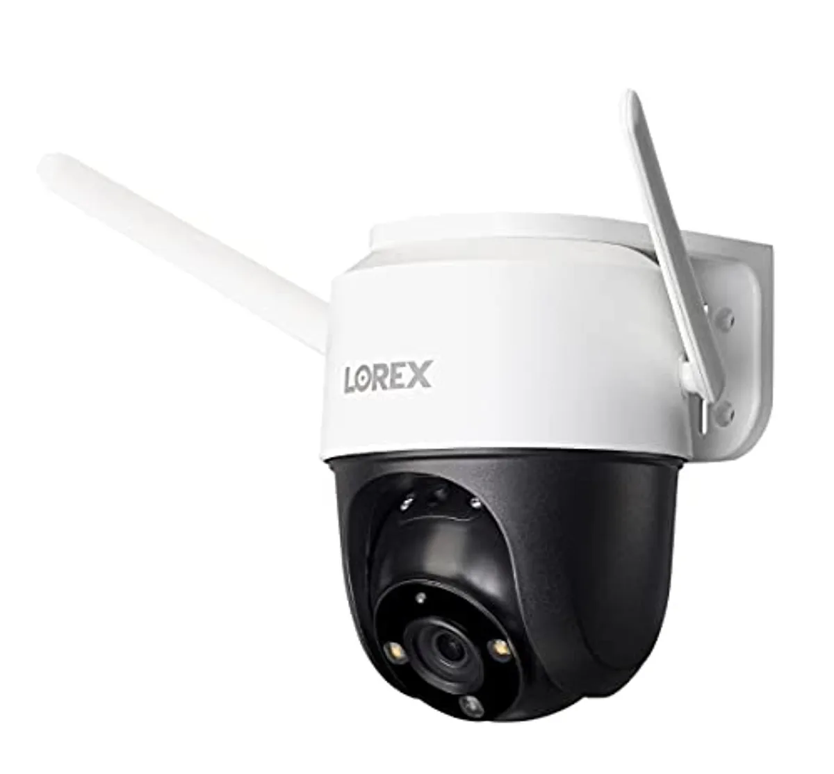 White cylindrical security camera with pan-tilt base, IP66 rated, includes 32GB storage