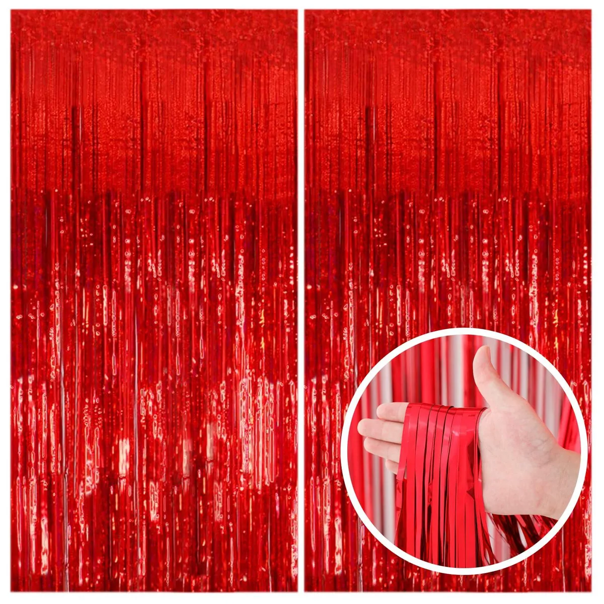 Two red foil fringe curtains, each 40 by 60 inches, shiny metallic finish