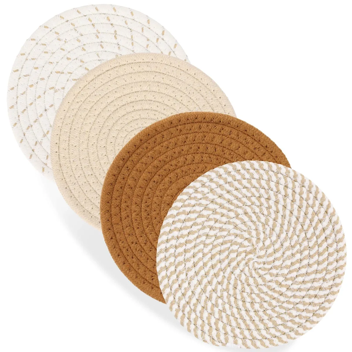 Four round brown cotton trivets, 7 inches diameter, 0.3 inches thick