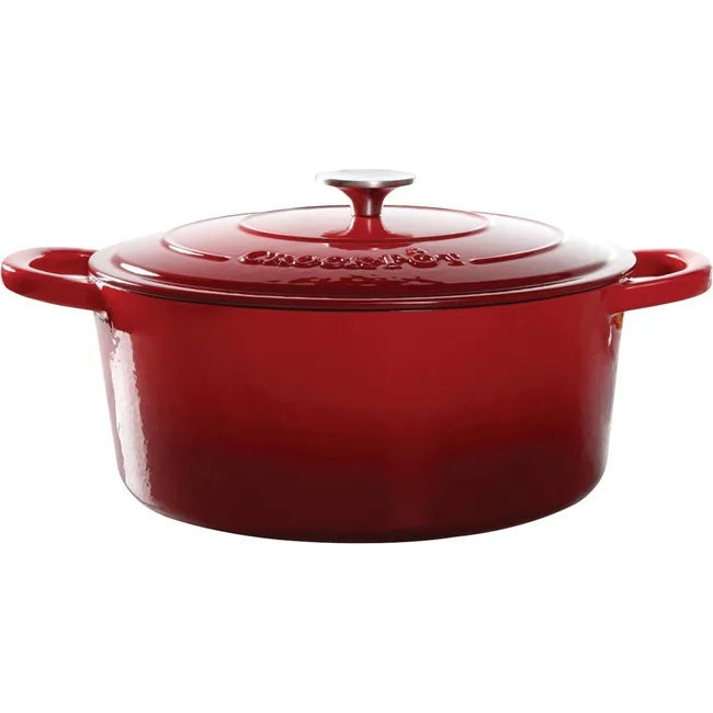 Red oval Dutch oven with lid and handles