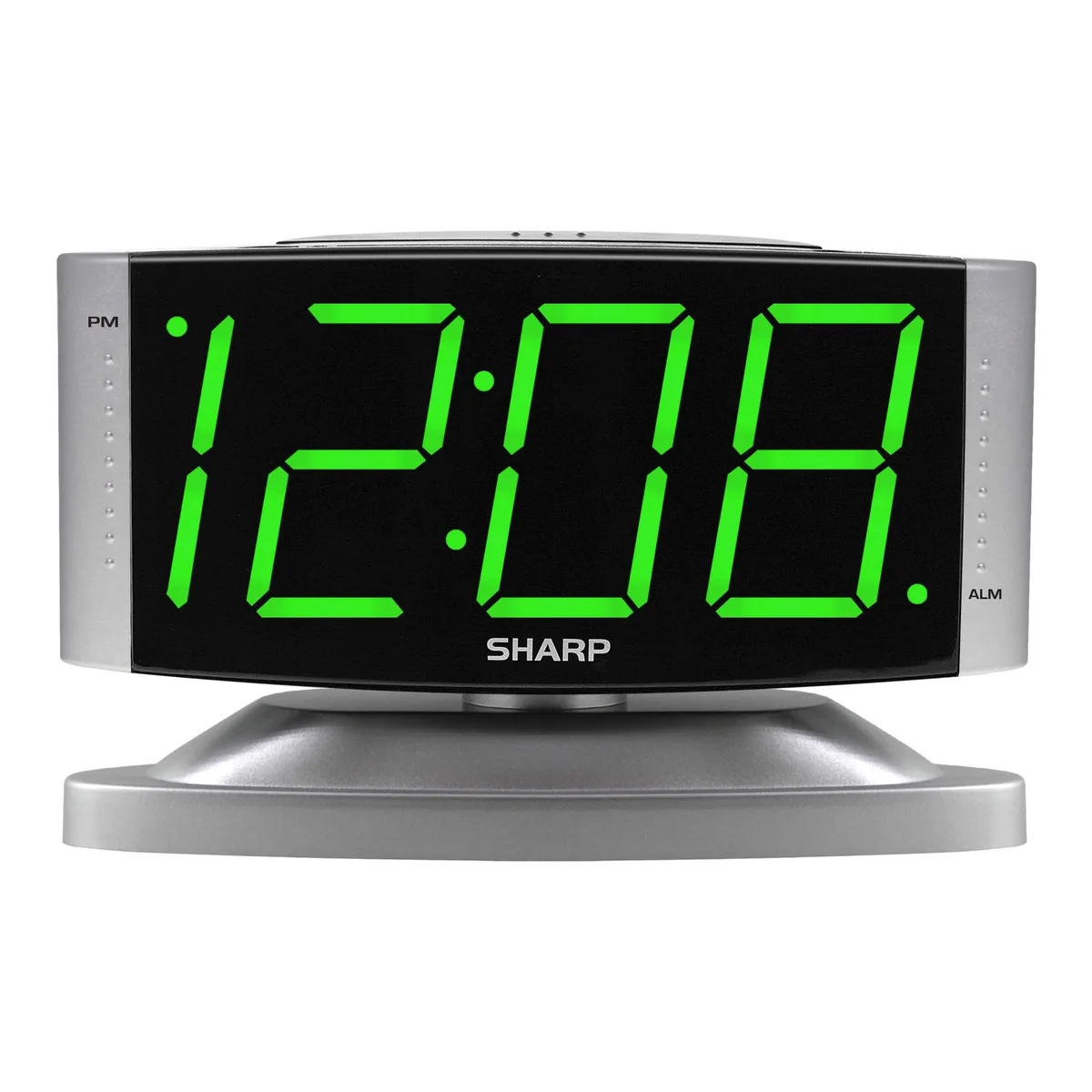 Silver rectangular digital clock with green LED display on swivel base