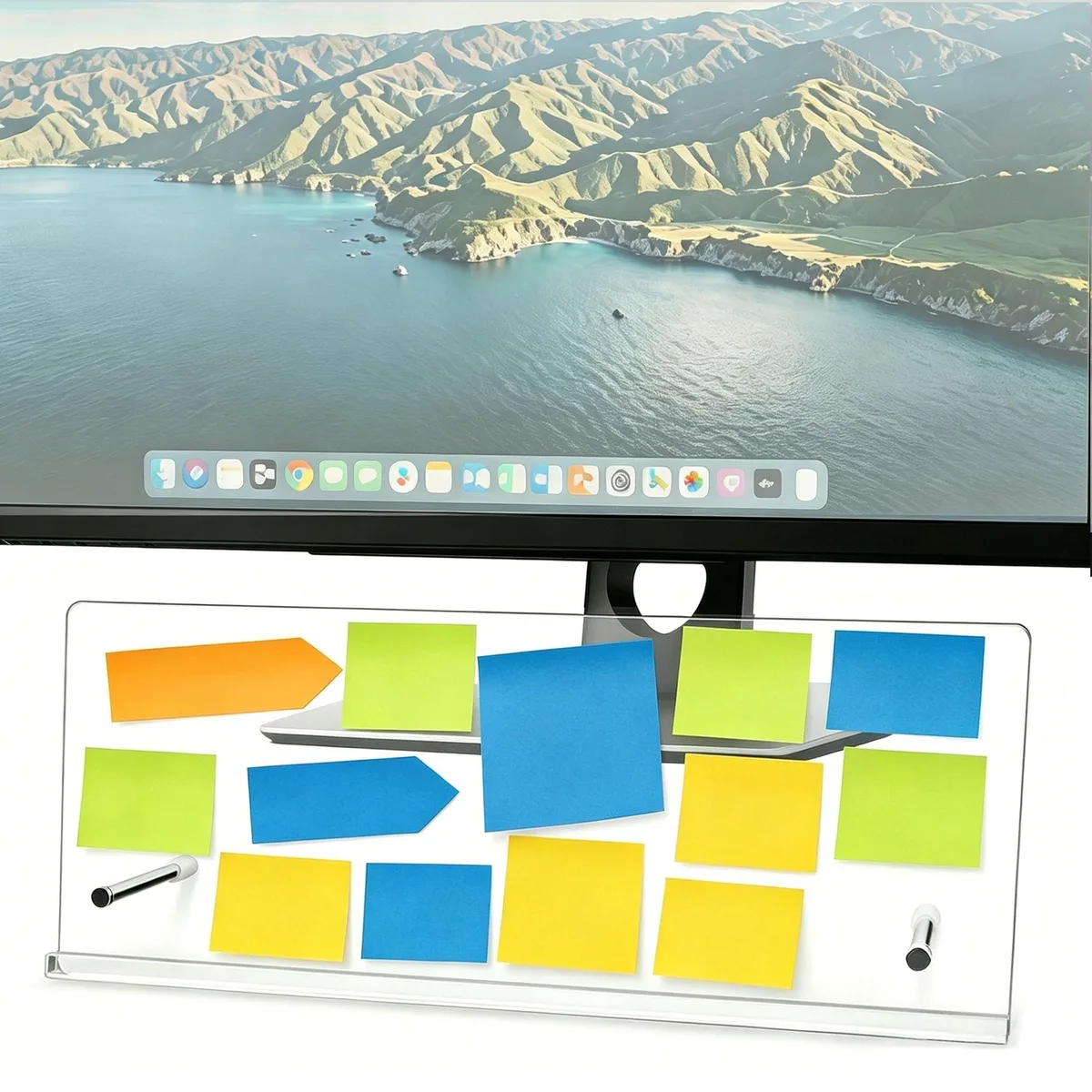 Clear acrylic memo board holder 14.17 by 5.5 inches with twelve multicolor sticky note pads attached