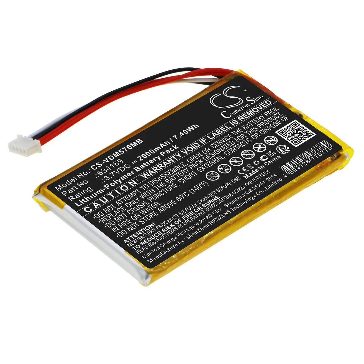 Rectangular black replacement battery with label and connector terminals