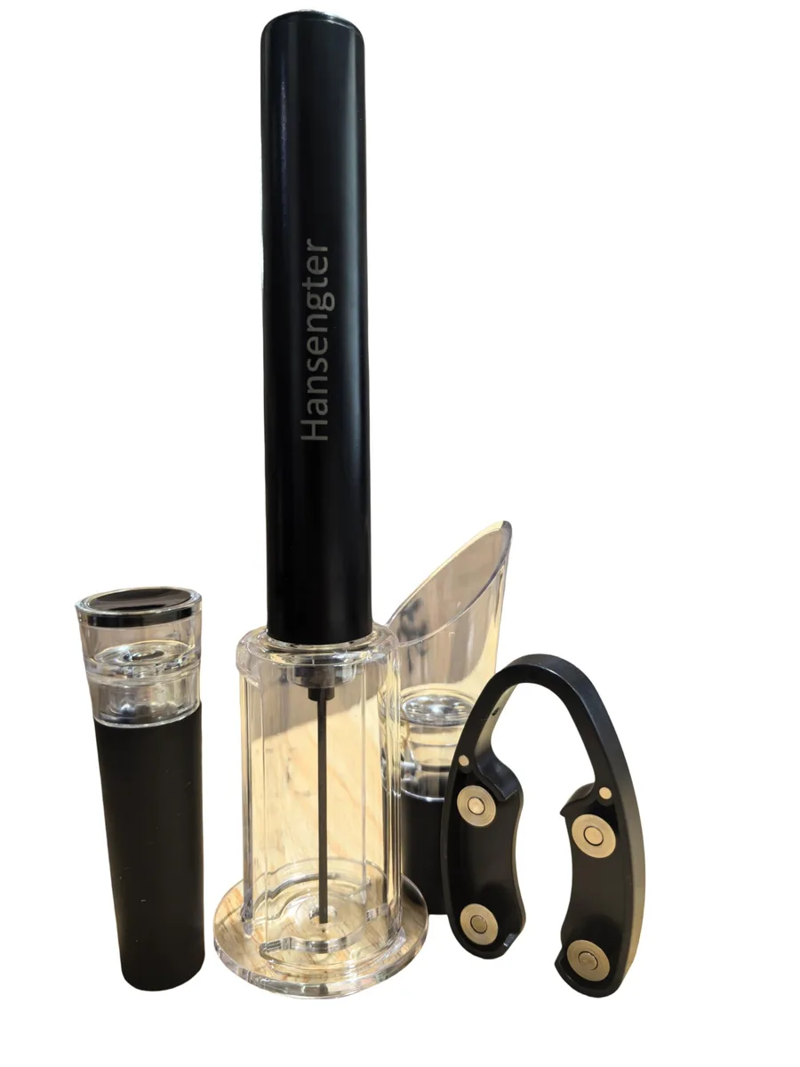 Black air-pressure wine opener set with foil cutter vacuum stopper and aerator pourer in gift box