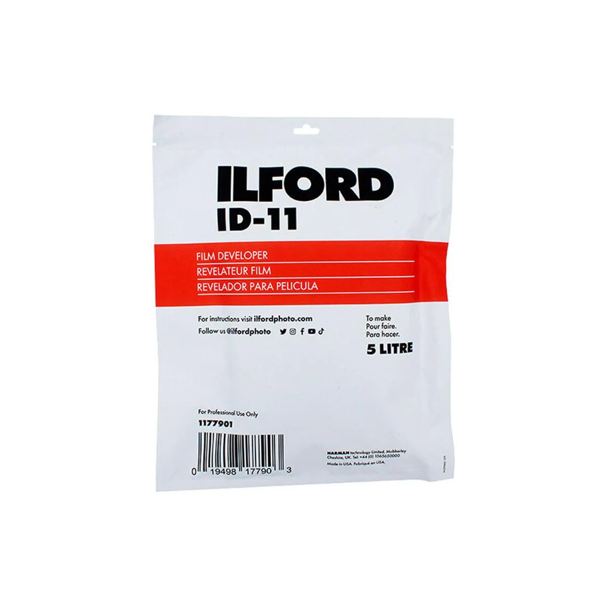 White rectangular box with Ilford ID-11 5L developer powder label