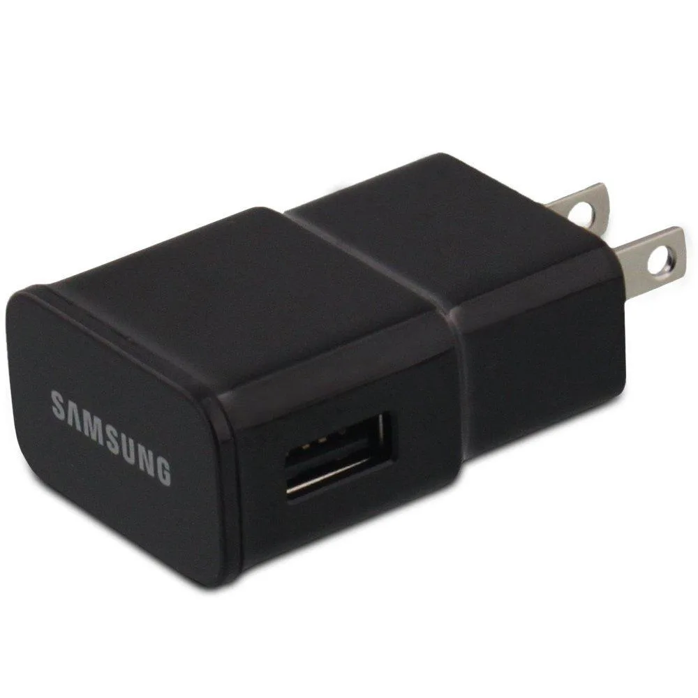 Ten white Samsung wall chargers with folding prongs