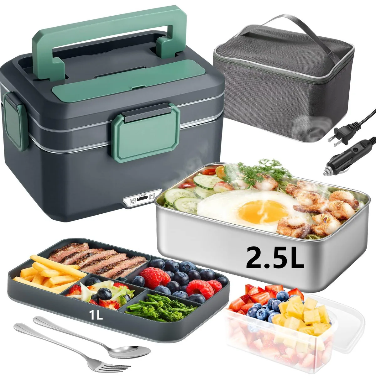 DNBeffulgent DNBeffulgent KXD-698 3.5L 2-Layer Thermo Pot Green 12V/24V/110V 90W 304 Stainless Steel — product photo