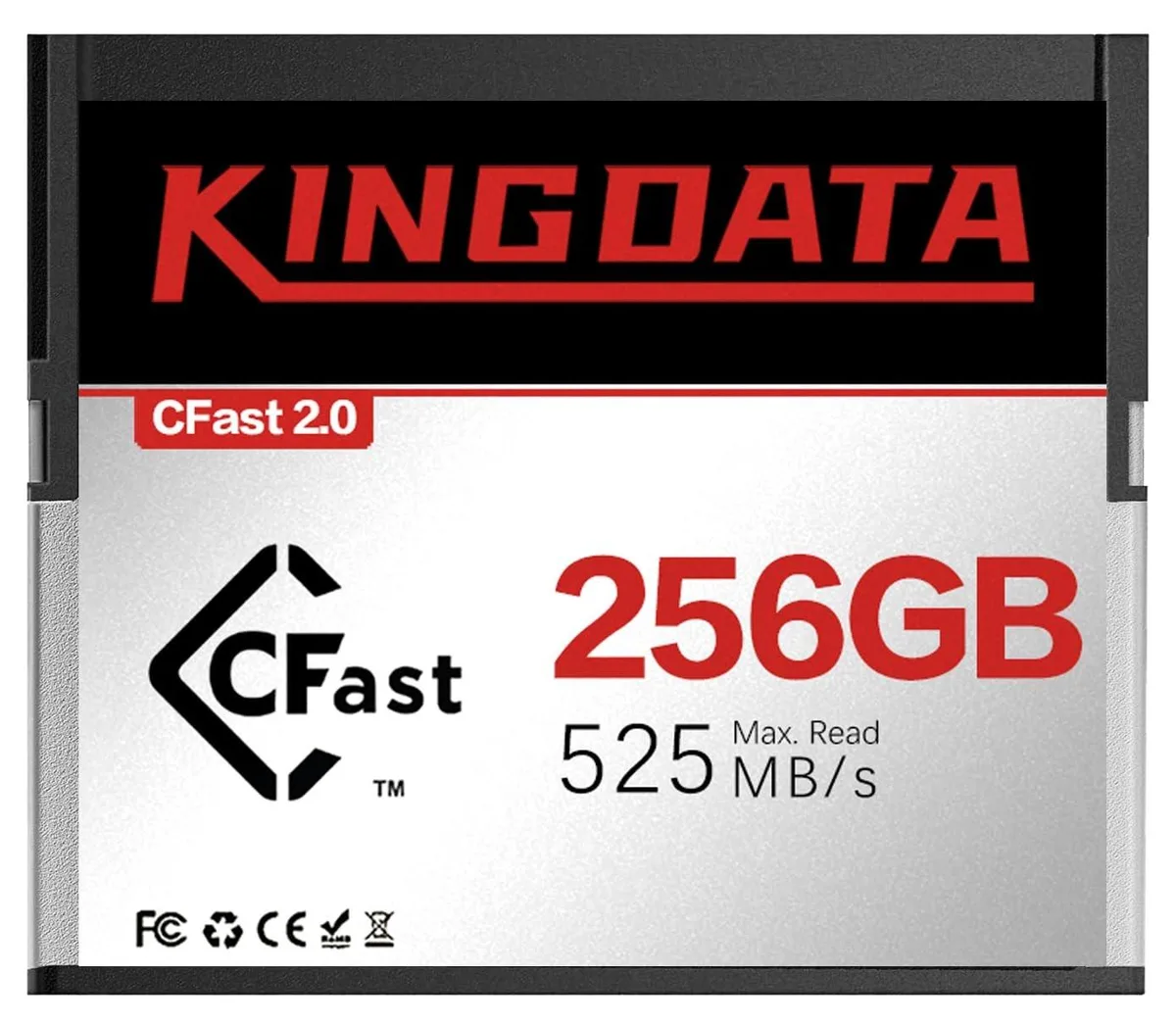 Rectangular CFast 2.0 memory card with black label, 256GB capacity