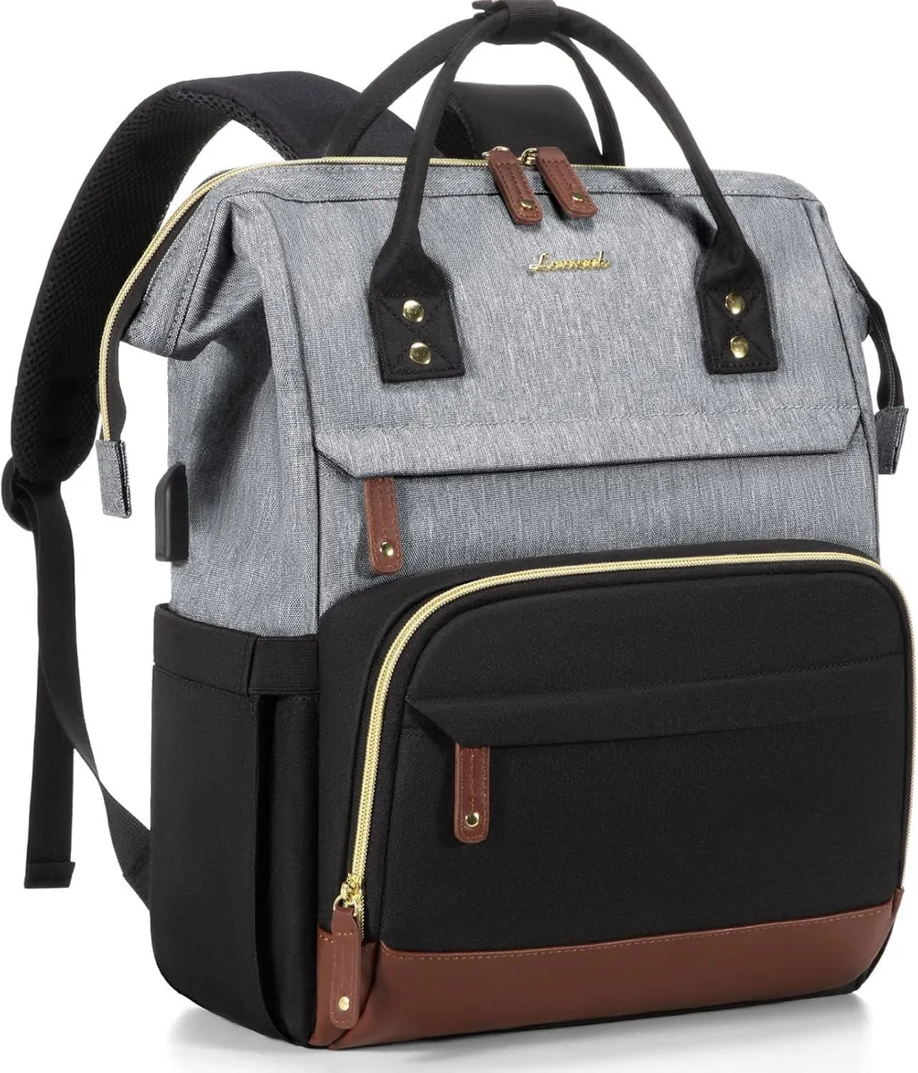 Rectangular black-grey backpack with leather trim, USB port and luggage strap