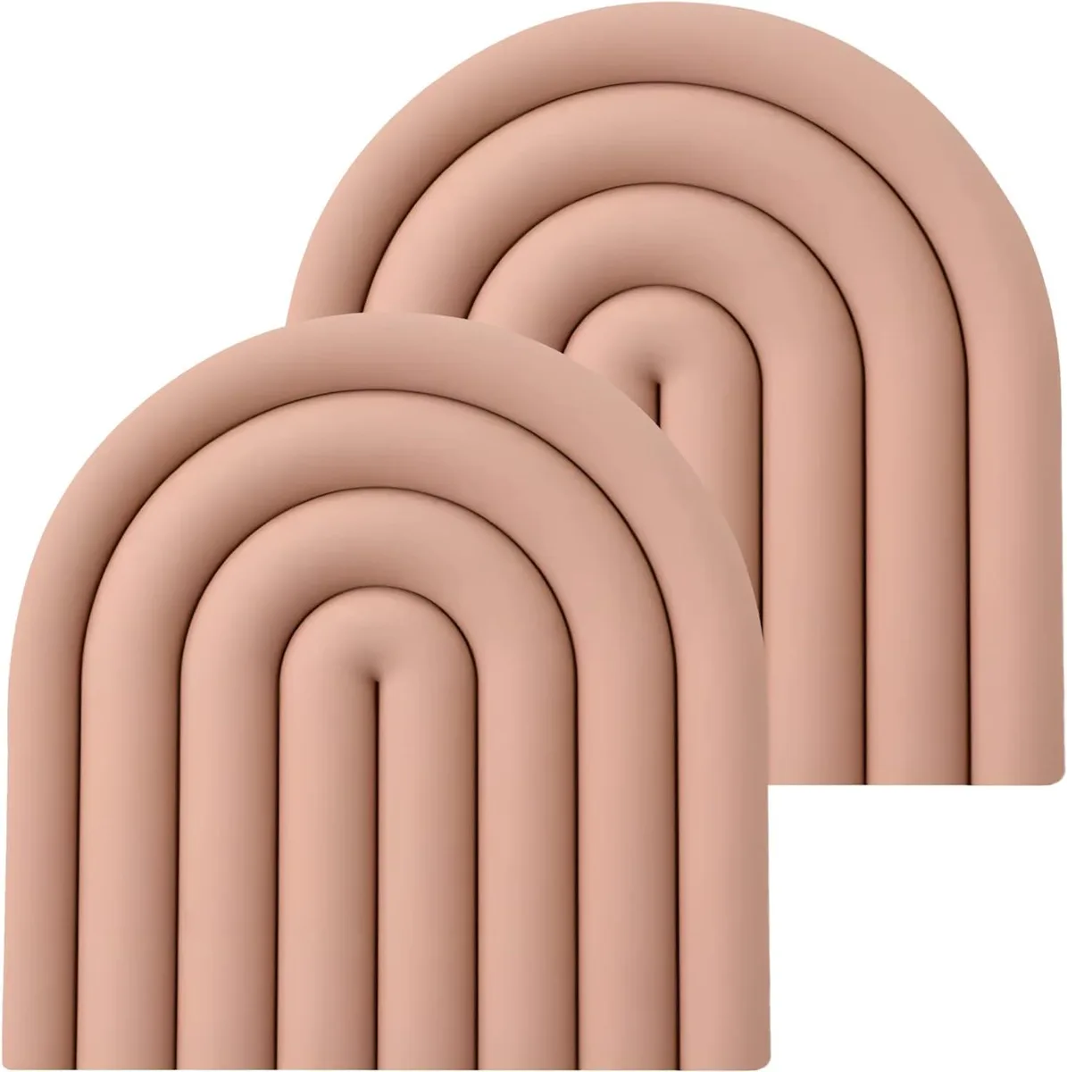 Two pink silicone trivets, 5.9 inches square, .39 inches thick, smooth matte finish