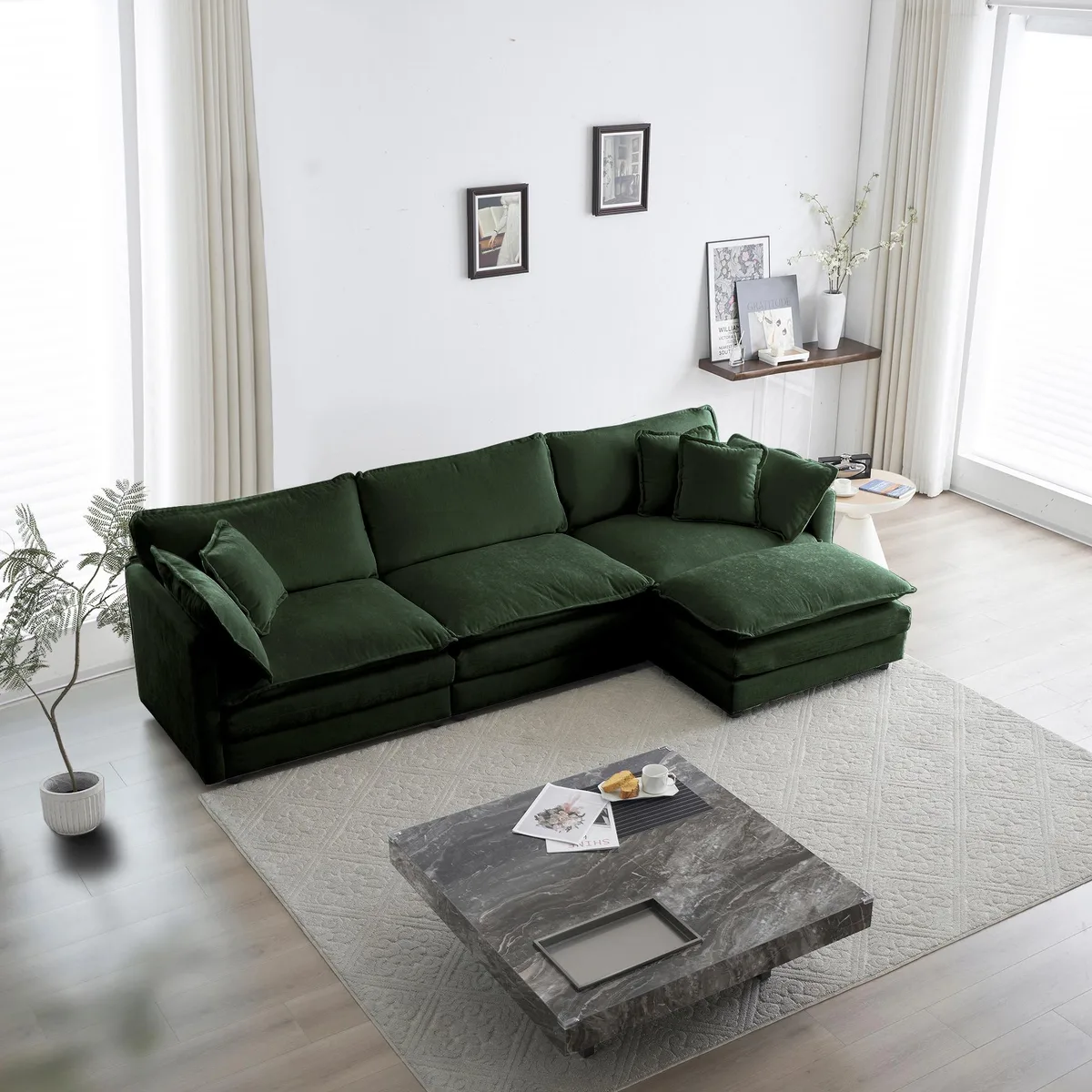 Green chenille L-shaped modular sectional with reversible ottoman and five loose pillows