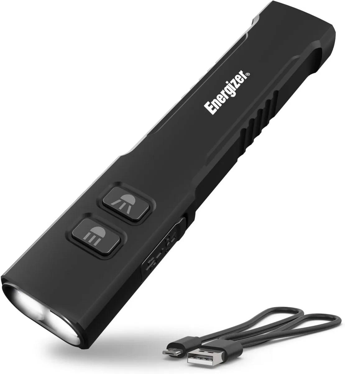 Slim flat rechargeable flashlight with clip and magnet, matte finish, USB-C port visible