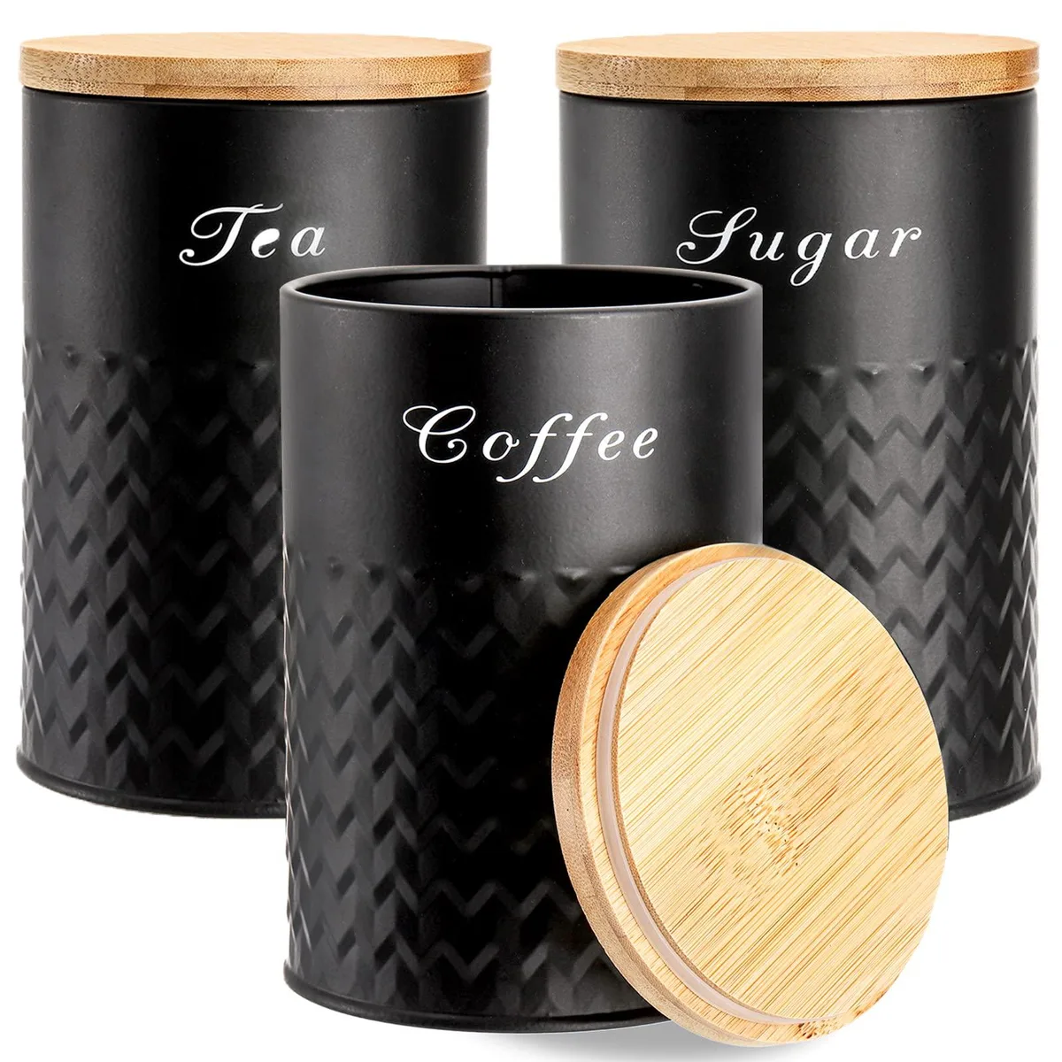 Three black metal canisters with bamboo lids, embossed pattern, 4.1" diameter, 6.3" tall