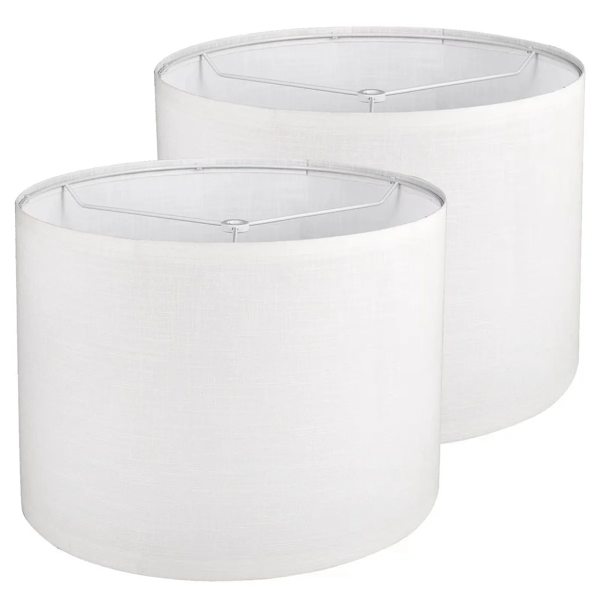 Two white drum fabric lampshades with polished chrome frames, 13 by 13 by 10 inches