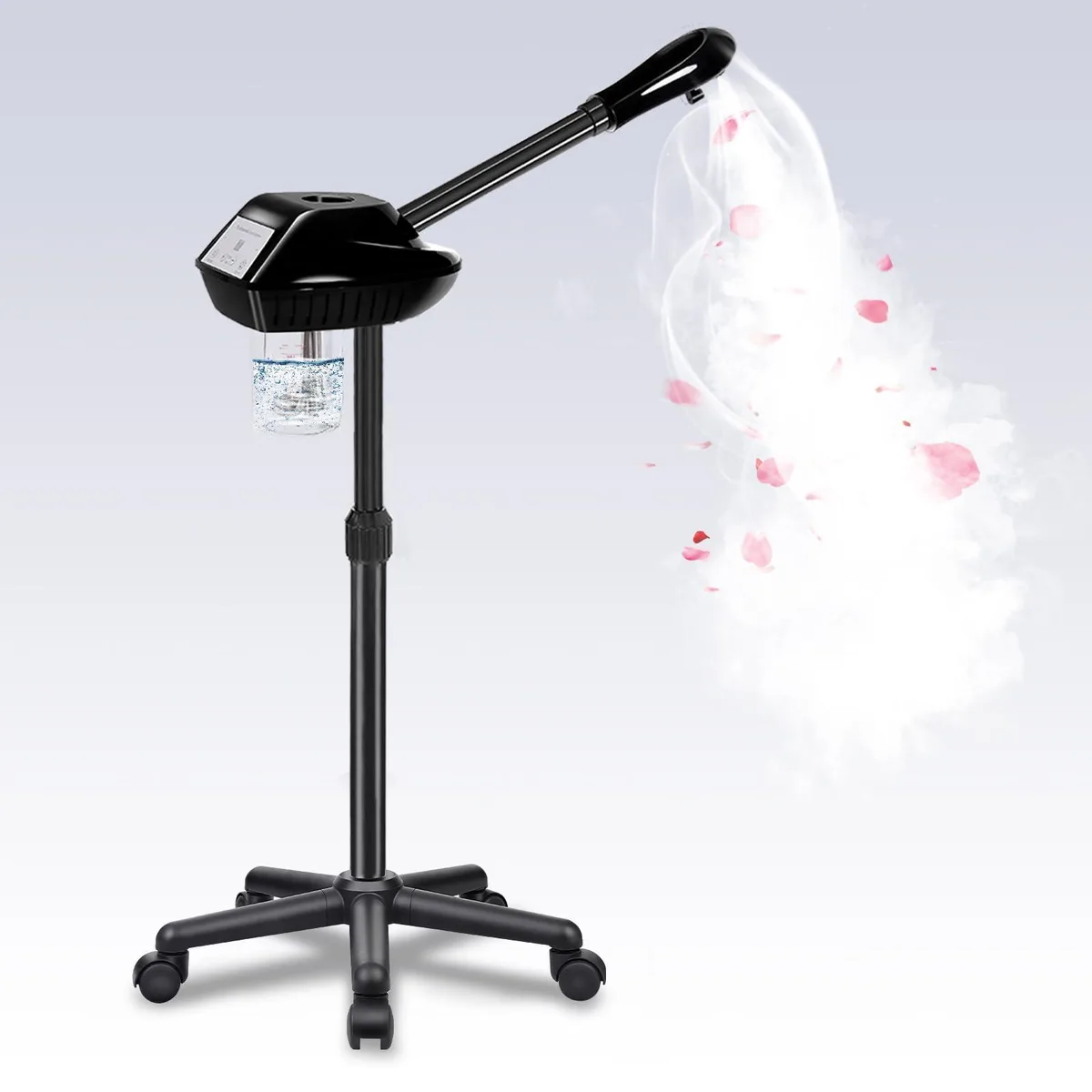 Black ozone facial steamer on five swivel wheels with adjustable stand and rotating nozzle