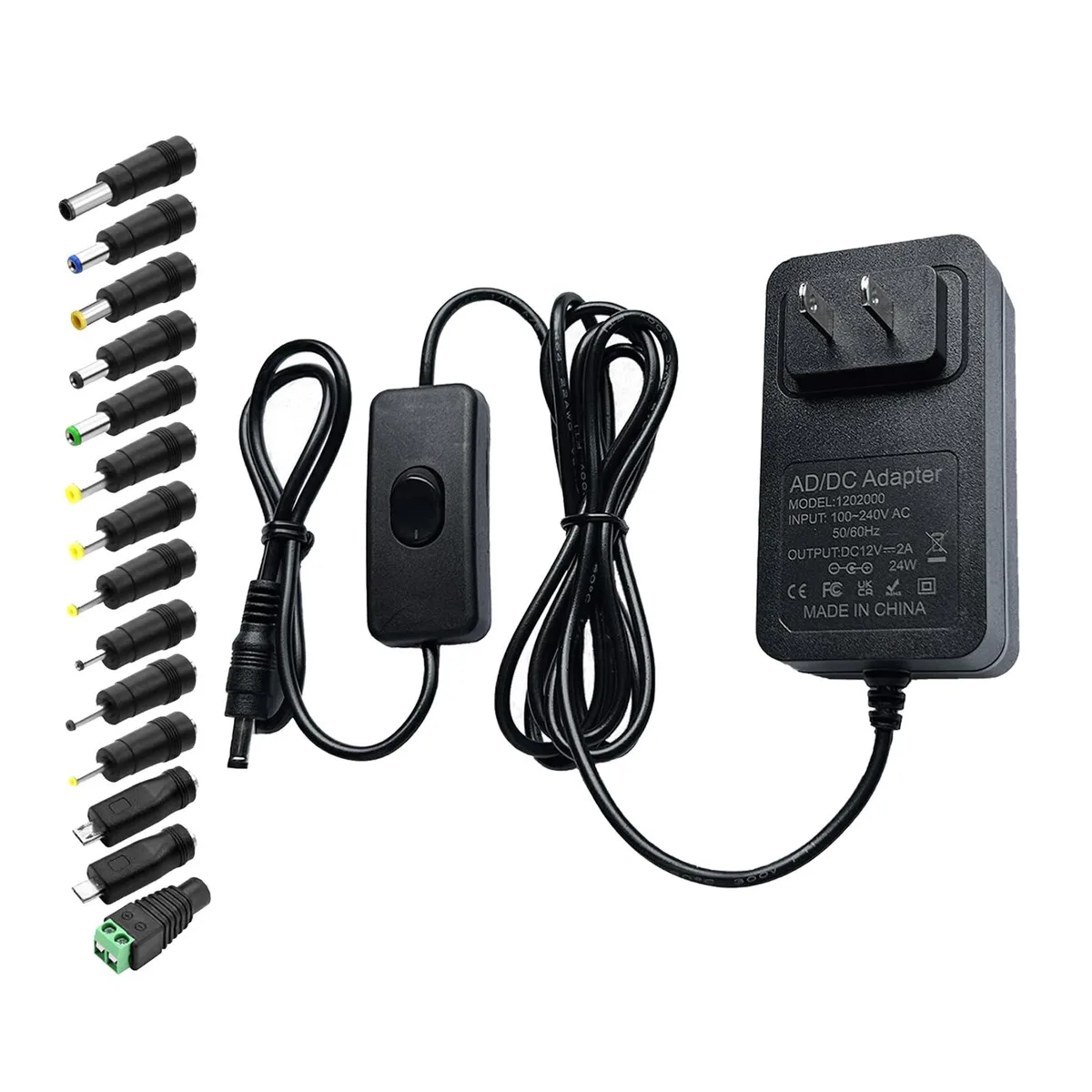 Black rectangular 12V 2A power adapter with 6.6ft cable on/off switch and 14 interchangeable tips