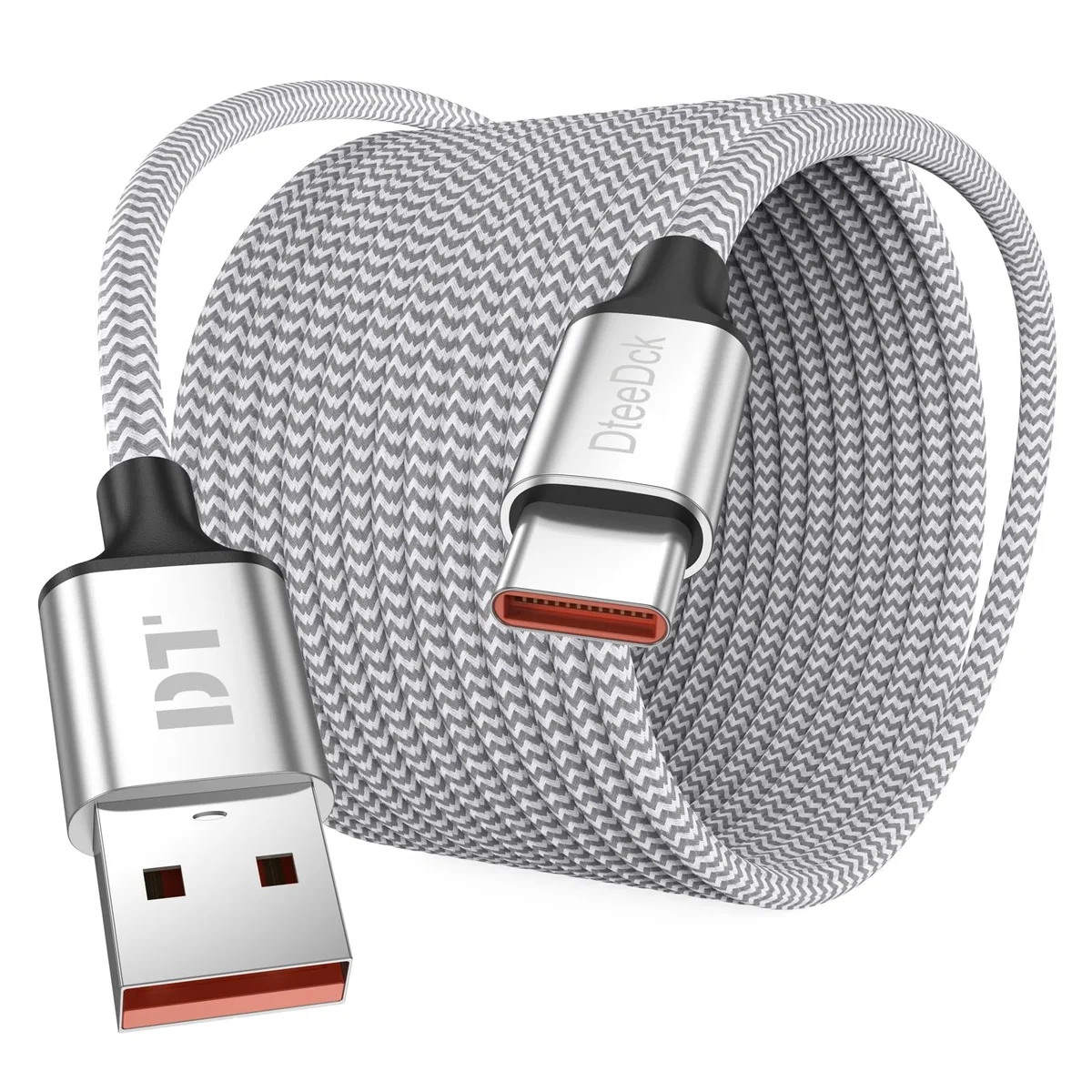 Silver braided USB-A to USB-C cable, 20 ft long, male-to-male connectors