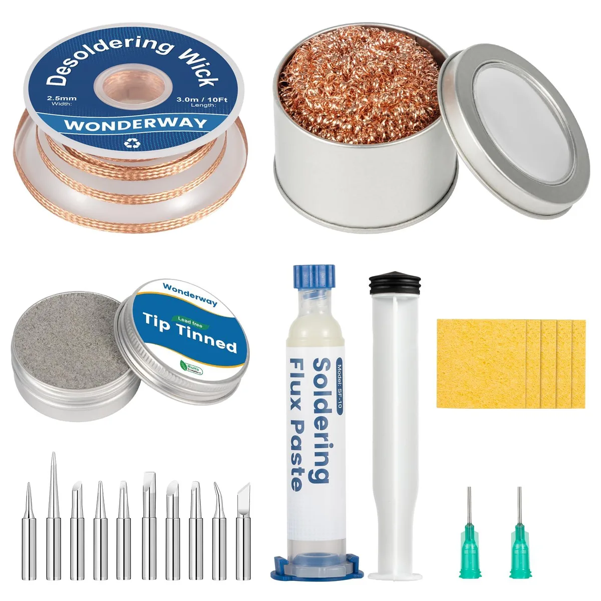 Soldering kit box with tools and cleaning supplies