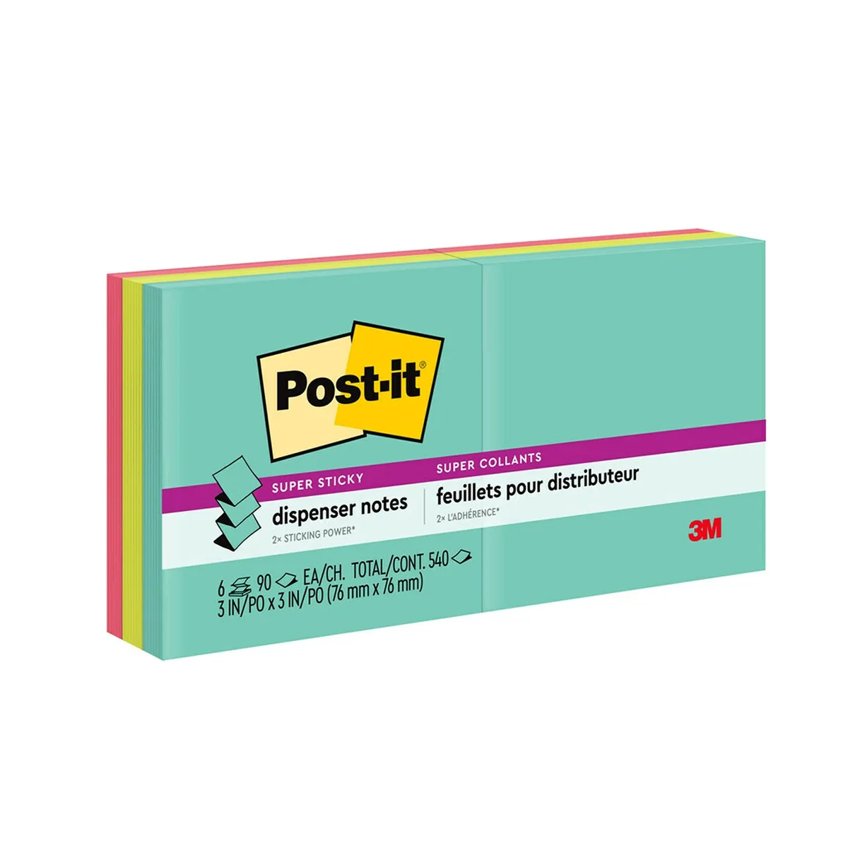 Six square neon sticky note pads in a paperboard carton