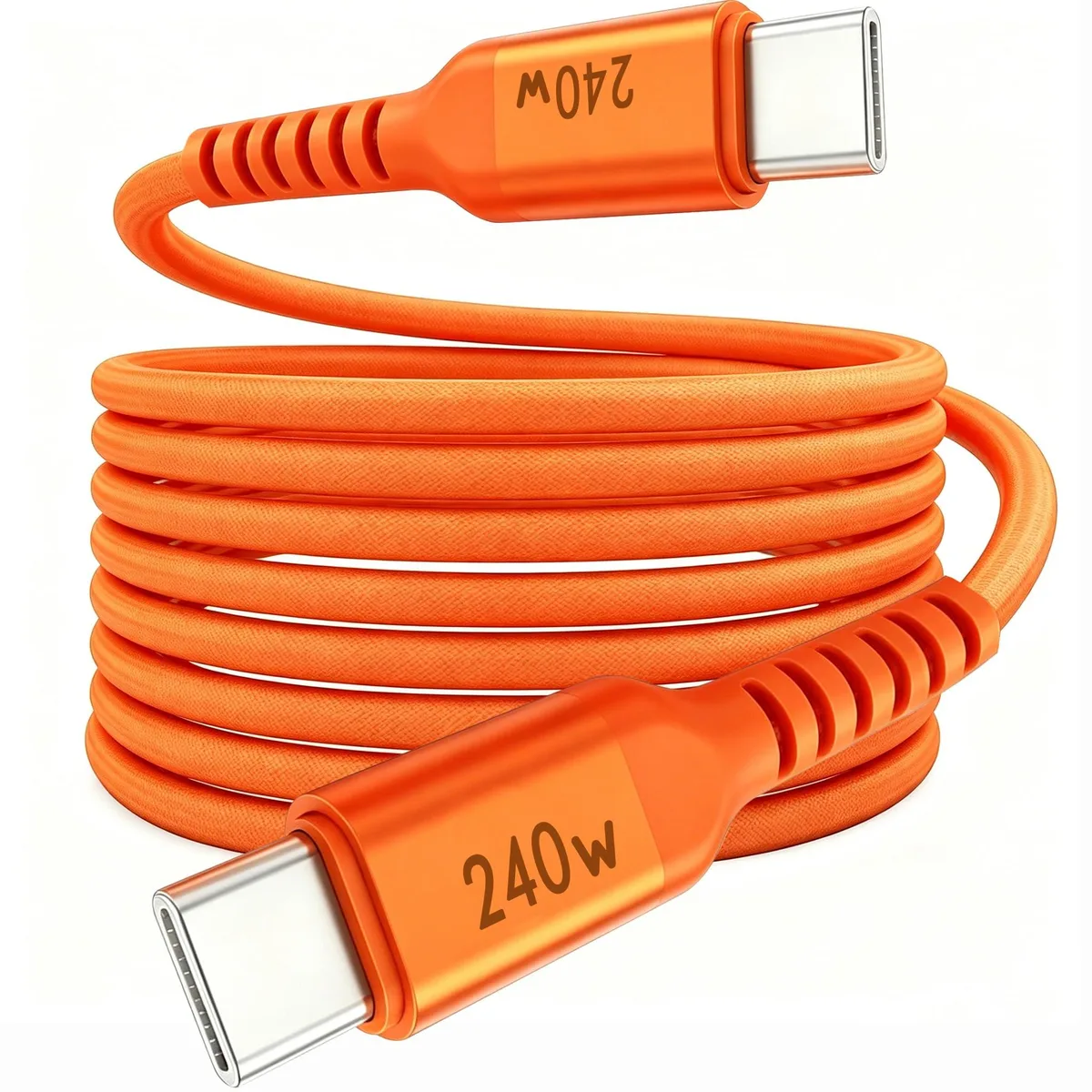 Orange nylon-braided USB-C to USB-C cable, 6.6 ft long, straight connectors