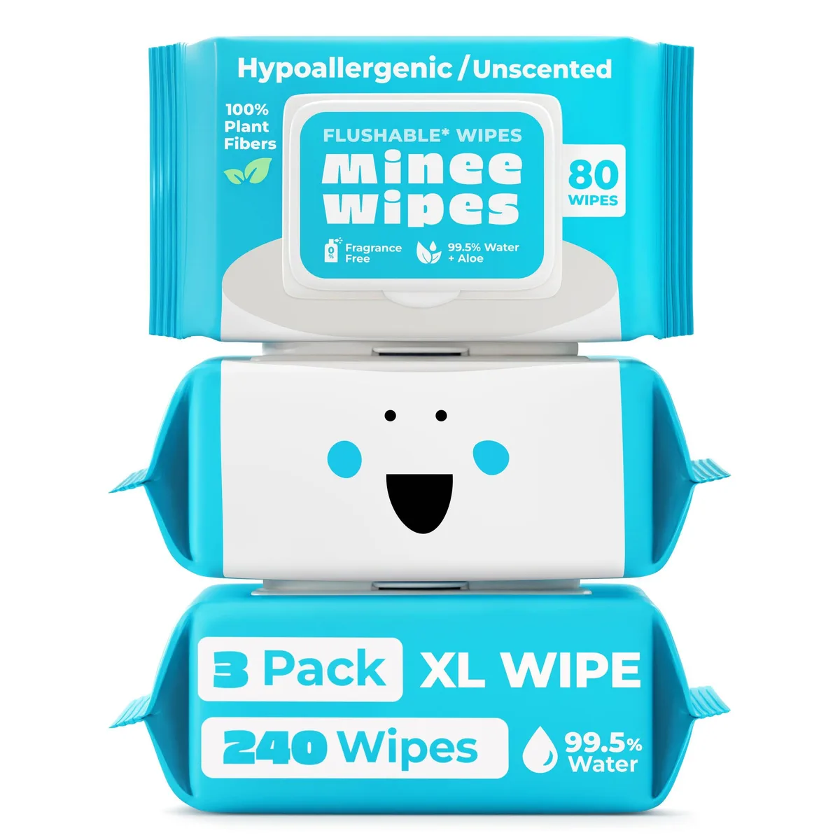 Three sealed rectangular packs of white moist wipes with flip-top lids