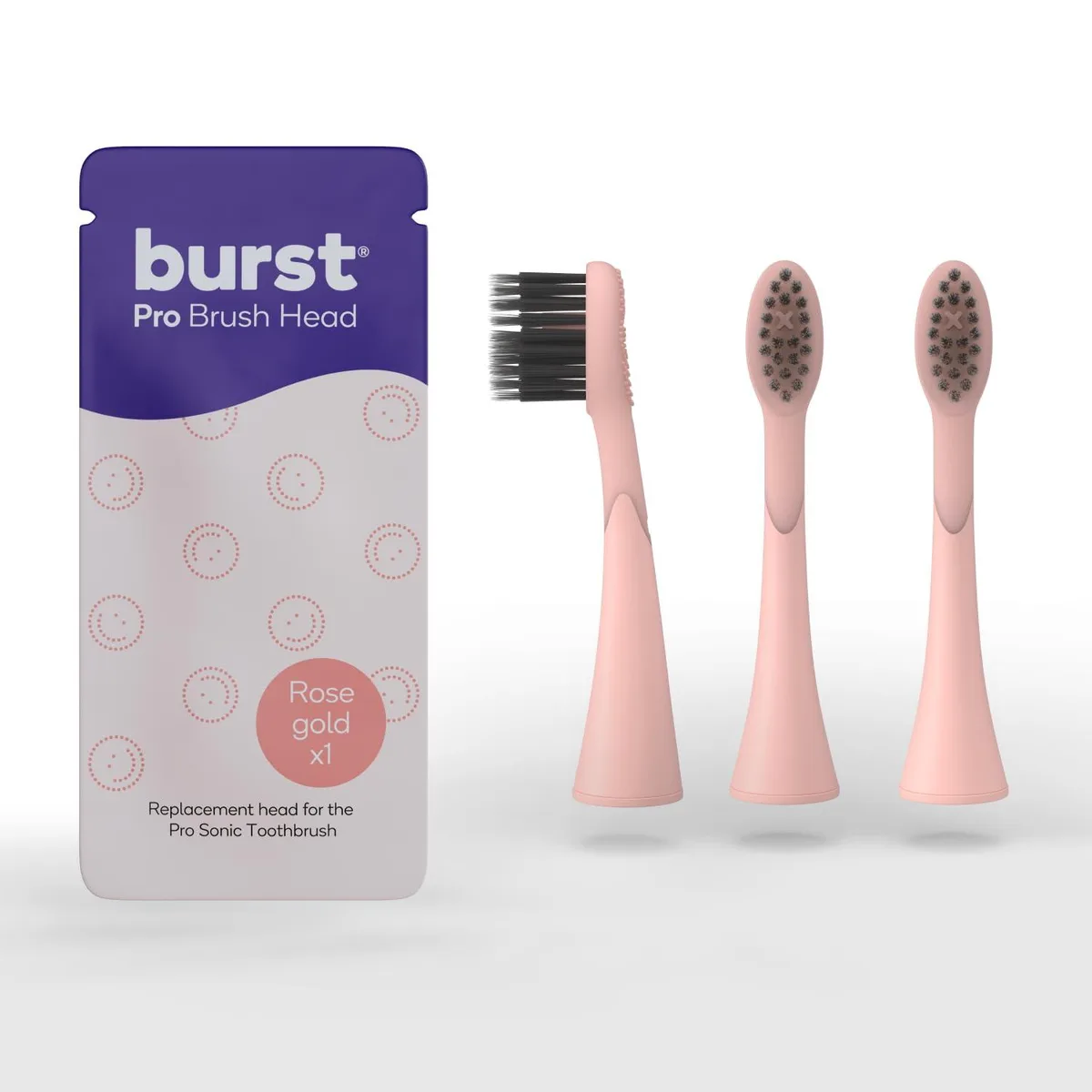 Three rose-gold electric toothbrush heads with soft tapered bristles