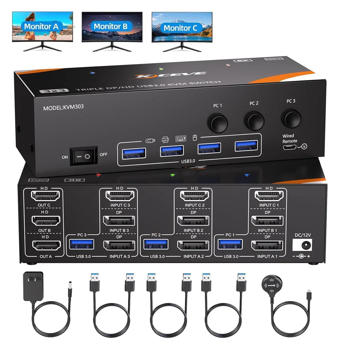 IHDAPP IHDAPP KVM303 Triple Monitor KVM Switch 3×3 8K60 4K144 4×USB 3.0 — product photo