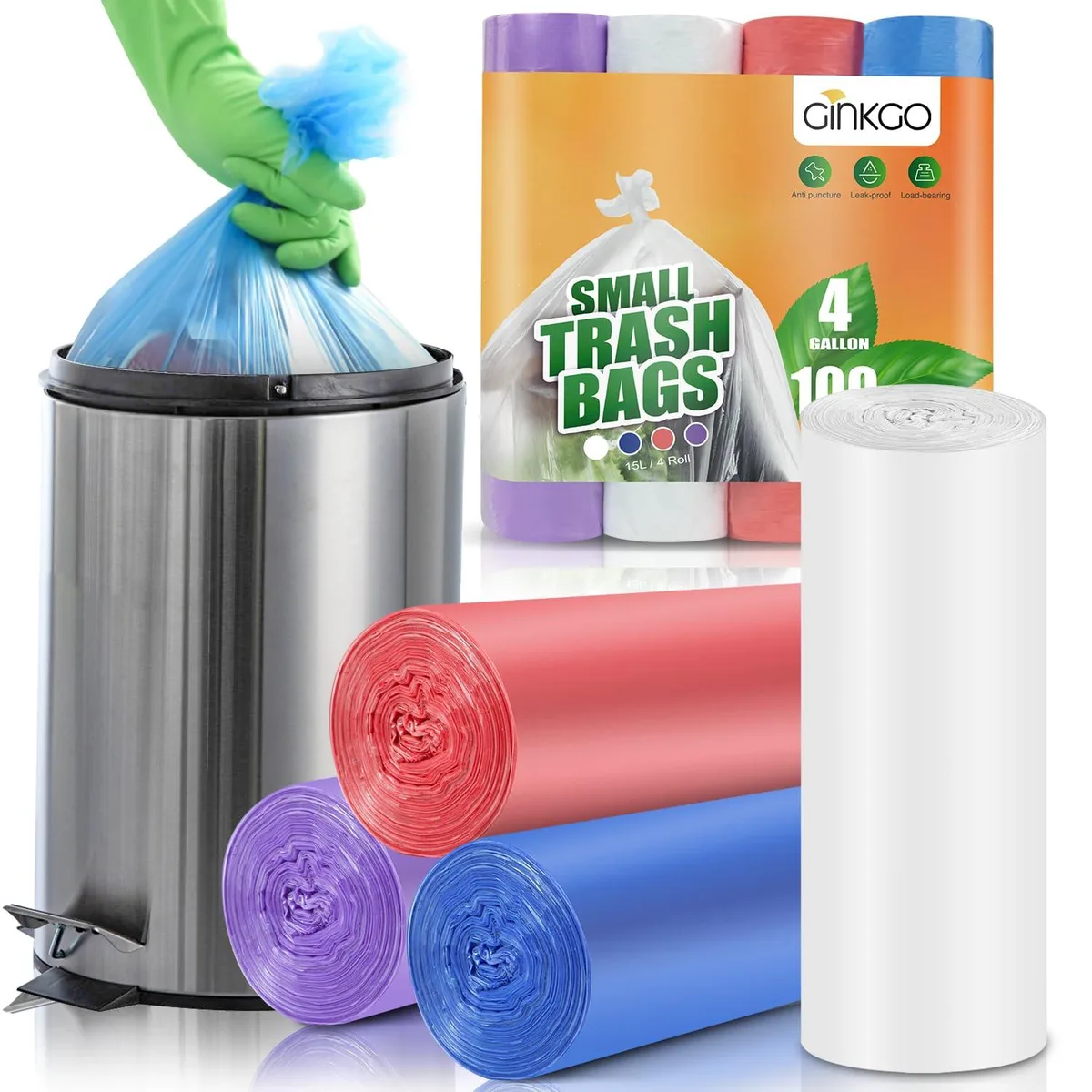  Ginkgo Small Trash Bags 15 L 100 Count 4 Colors — product photo
