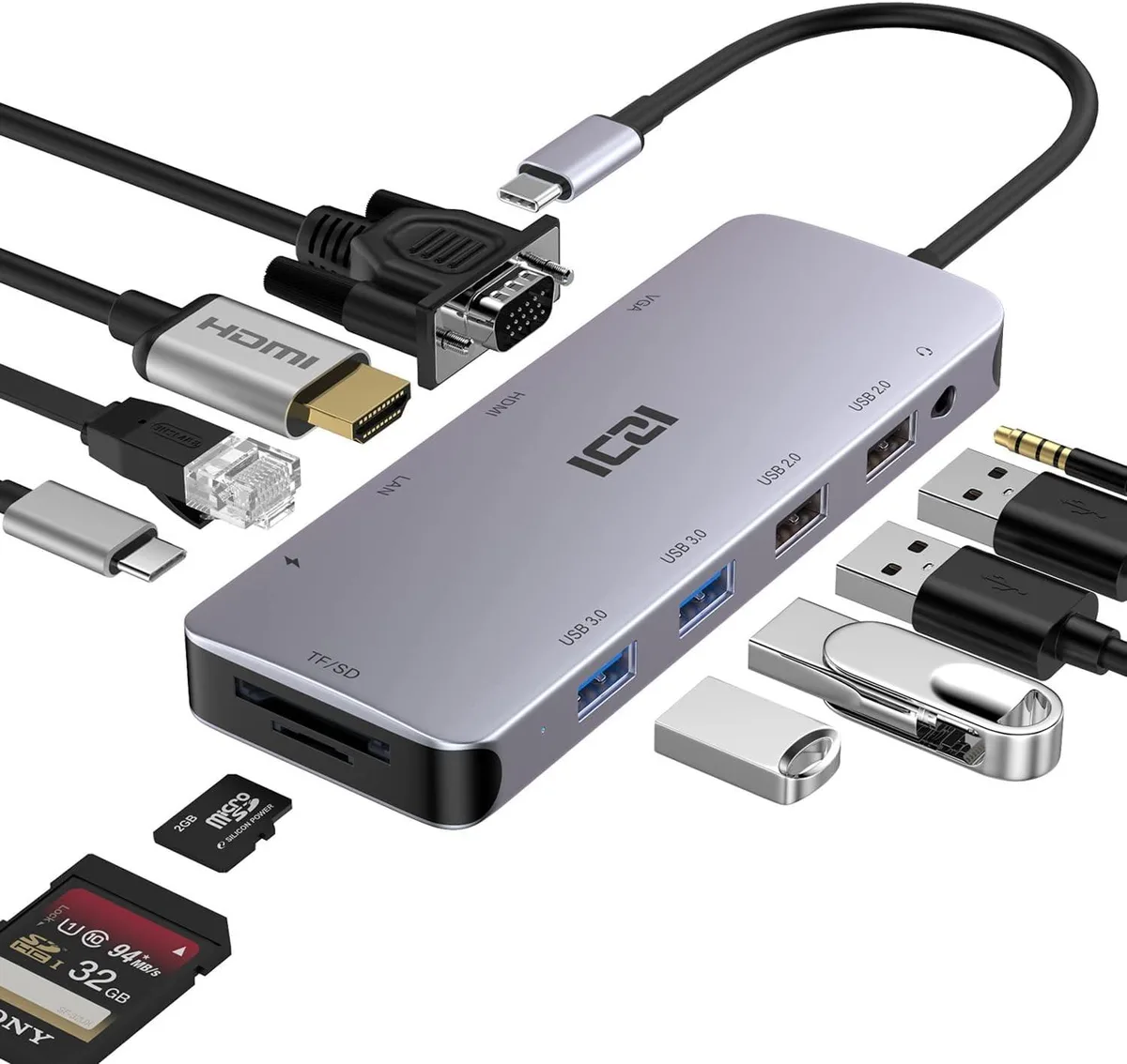 TAURKENAM TAURKENAM 11-in-1 USB-C Docking Station 100W PD 4K HDMI VGA Gigabit Ethernet 2 USB 3.0 2 USB 2.0 SD TF Audio — product photo