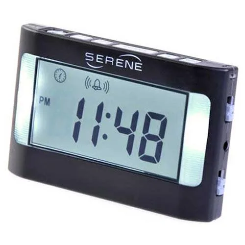 Compact black digital travel alarm clock with pillow clip