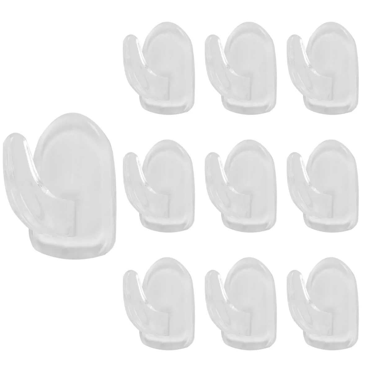 Ten small transparent acrylic adhesive hooks on a backing sheet
