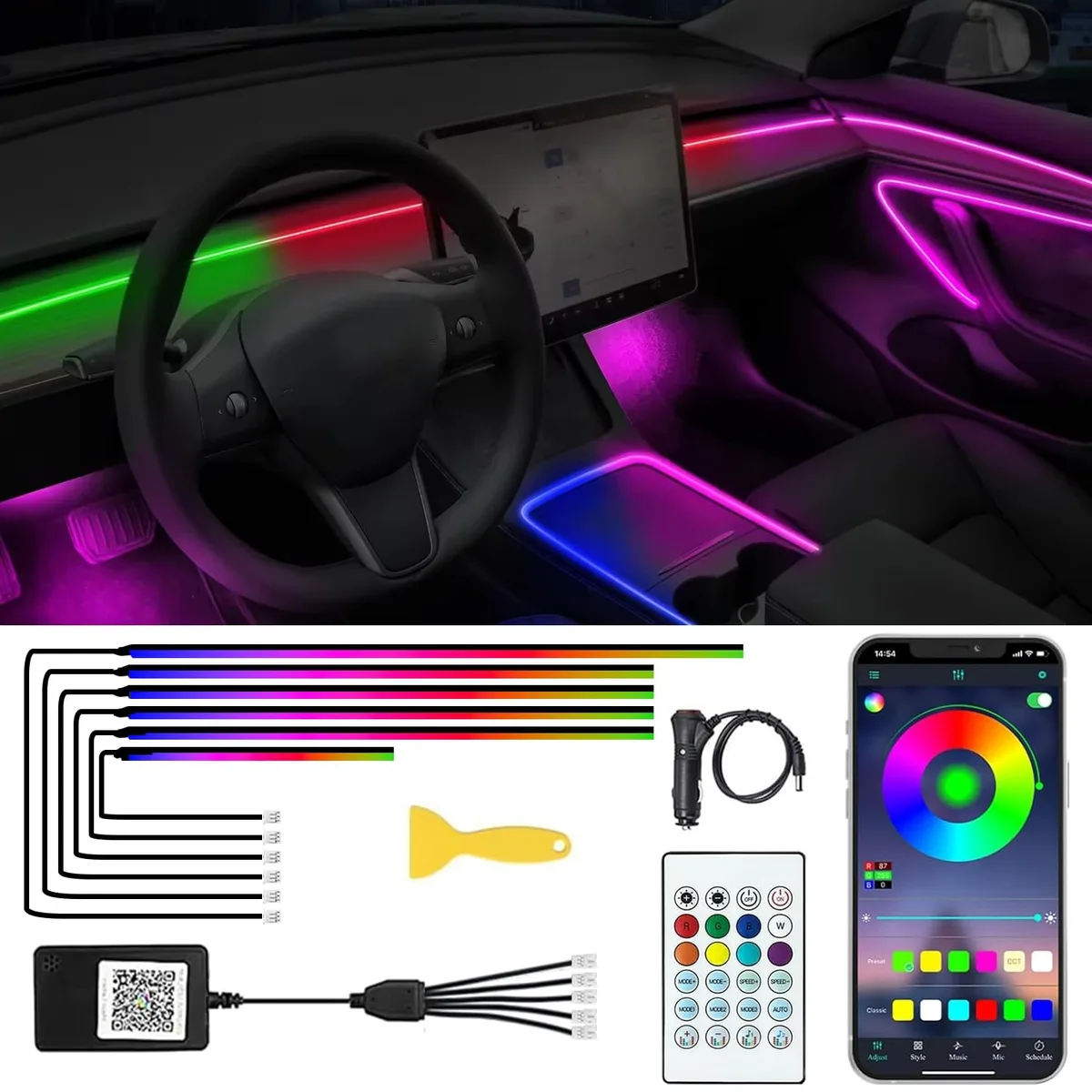  Acrylic Interior Car LED Lights 6 in 1 Kit 16 Million Colors Music DIY Function — product photo