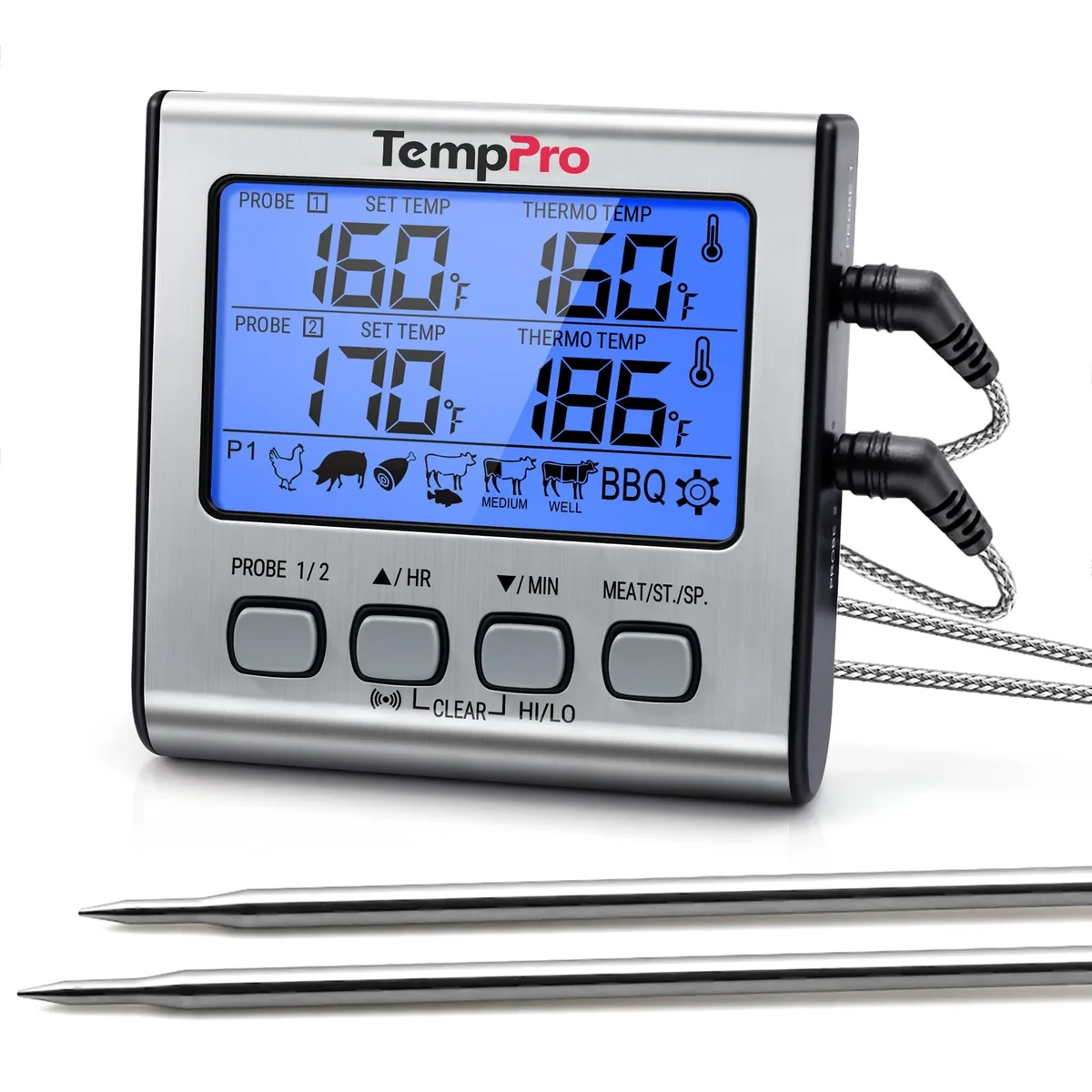 Light silver digital thermometer with dual probes and large backlit LCD display