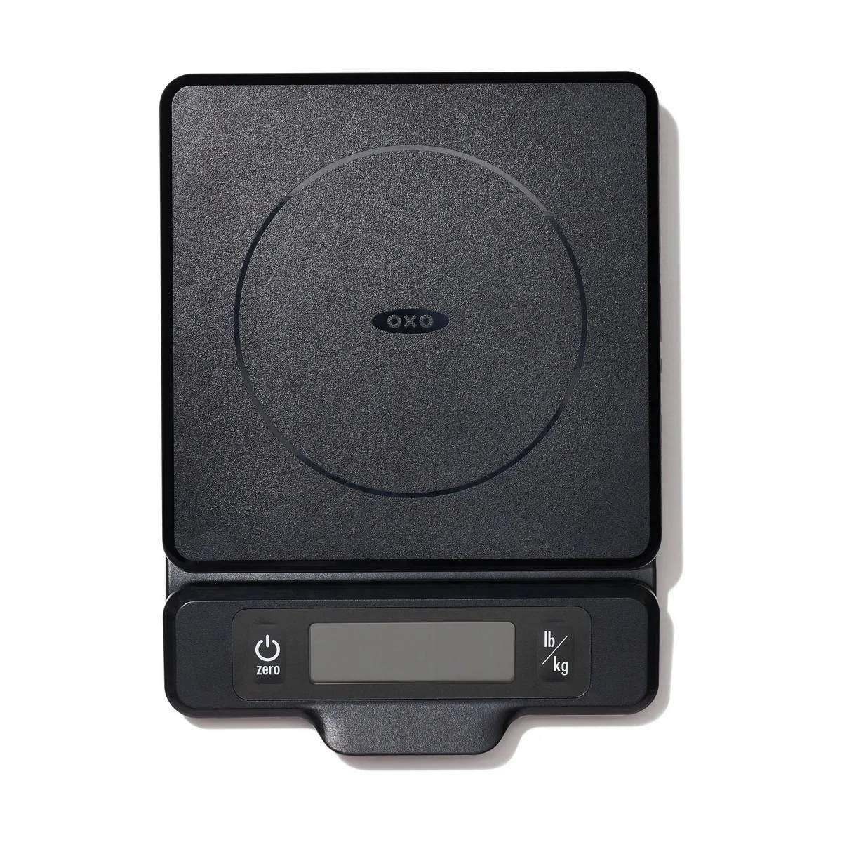 Black kitchen scale with pull-out display and removable platform