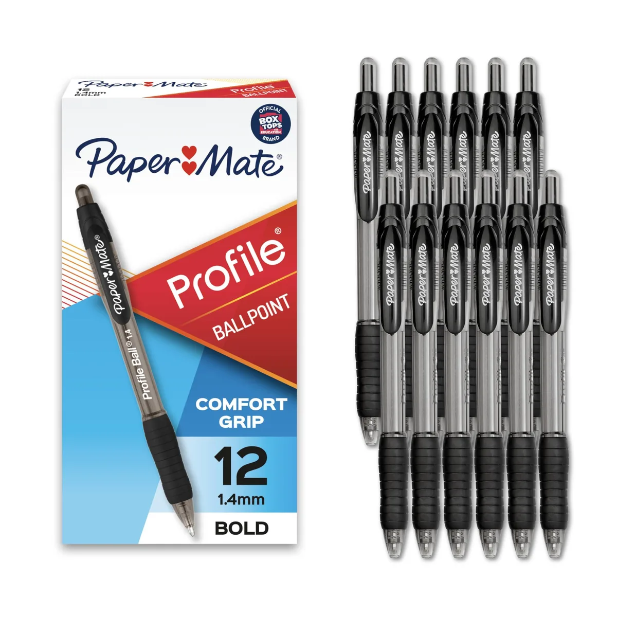 Twelve black retractable ballpoint pens with rubberised grips