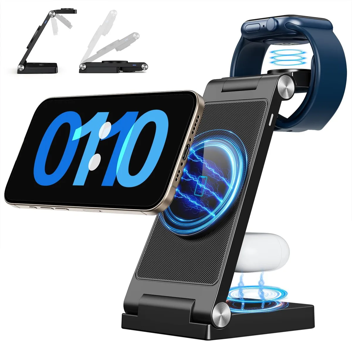 Black foldable 3-in-1 magnetic wireless charging station with phone watch and earbud pads