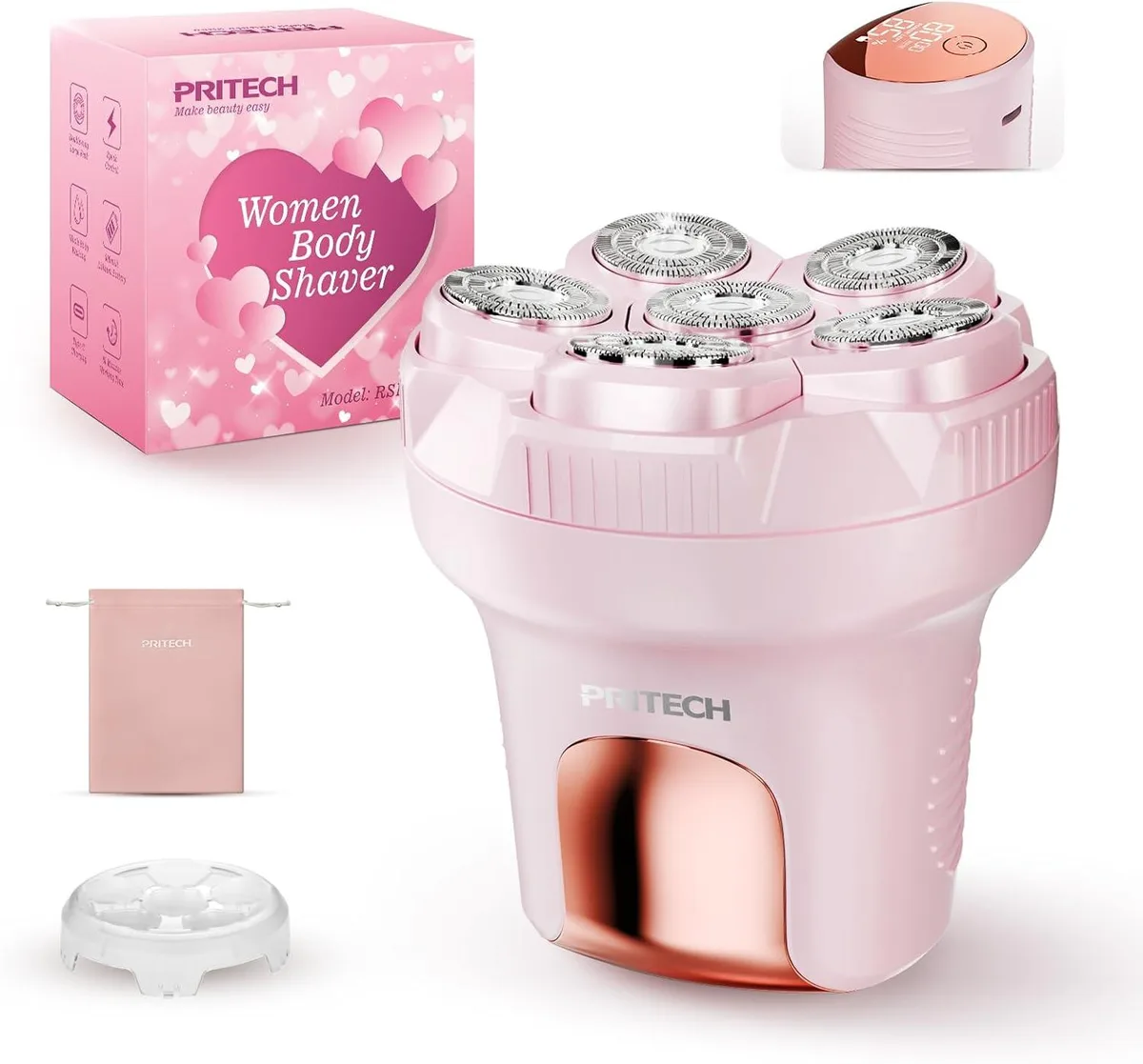 Pink electric shaver with rounded 6D floating head and ergonomic handle