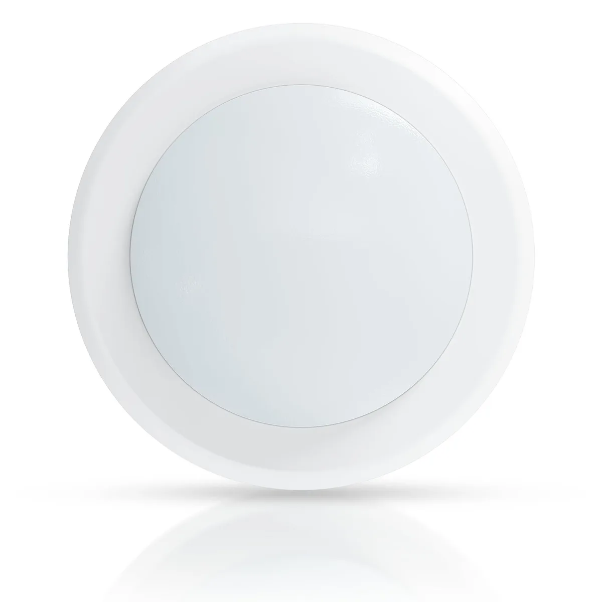 White round flush-mount LED disc light with clear prismatic diffuser