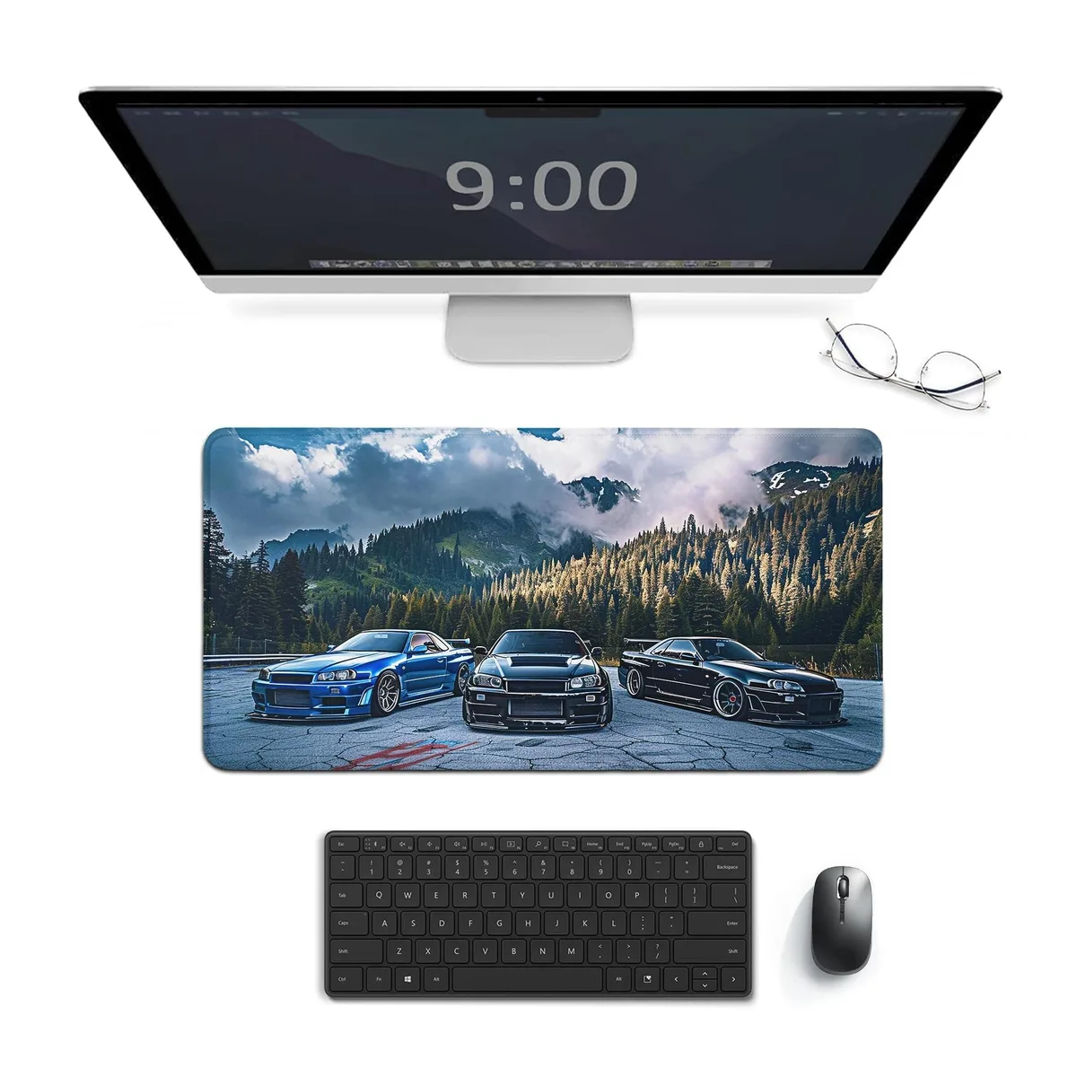 Rectangular desk mat, black rubber base, stitched edges, JDM car landscape print