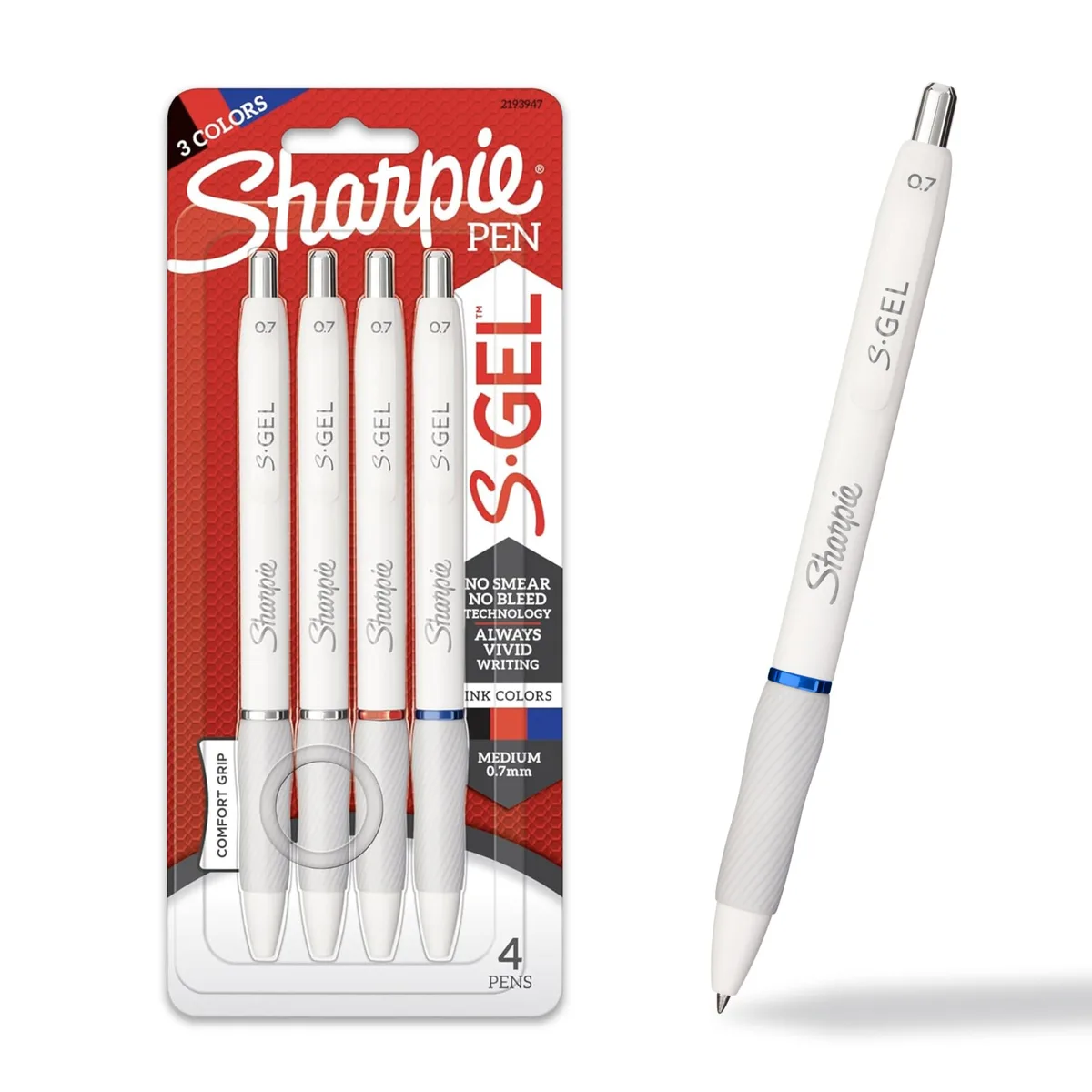Four white-barrel gel pens with rubber grips and assorted ink colors
