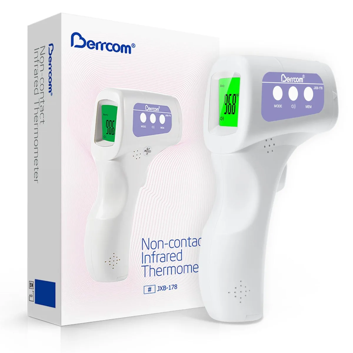 Purple handheld infrared thermometer with digital display